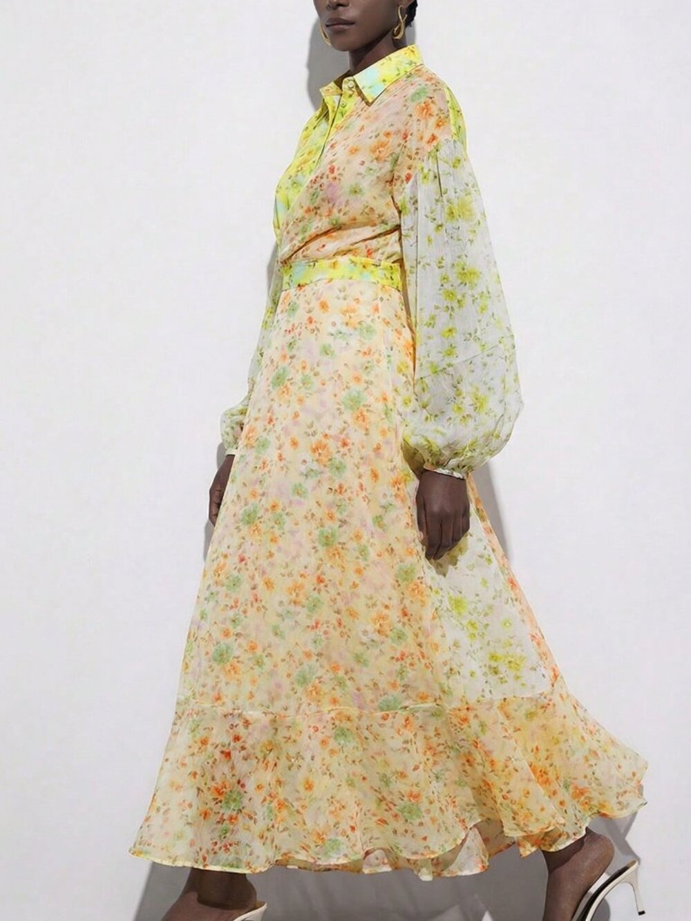 Multicolor Boho Women's Chiffon Gradient Floral Print Long Sleeve Dress - Picture 6 of 7